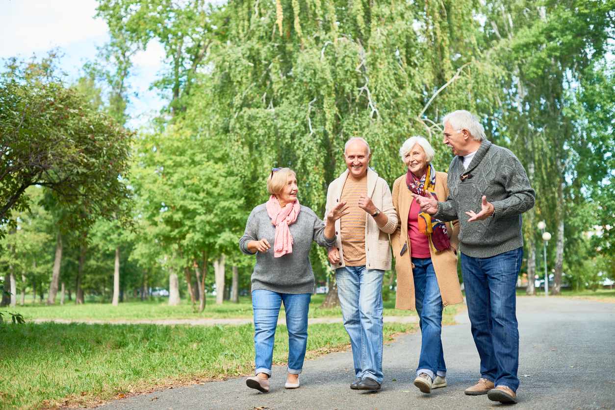 A group of seniors strolls through the trees along a paved park path.