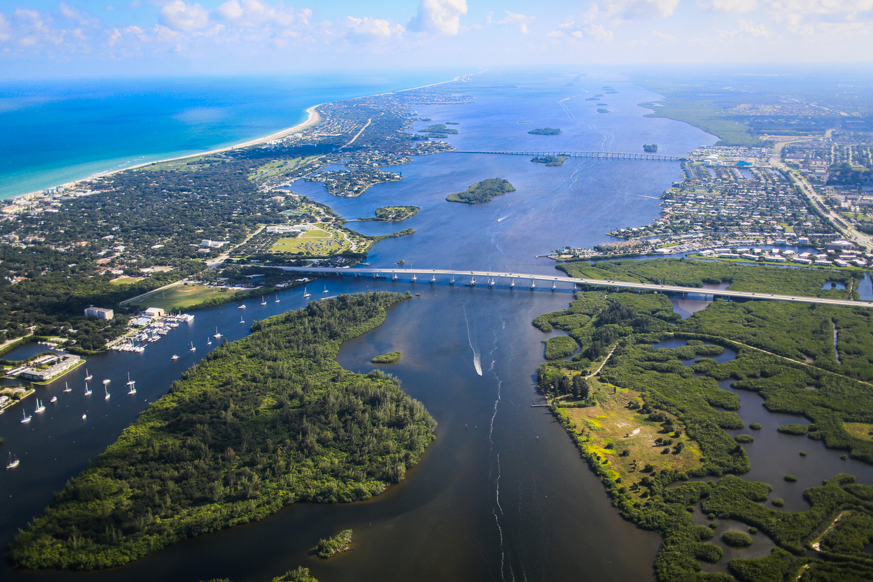 The Vero Beach Inlet with lagoons and marshes near the residential coast.