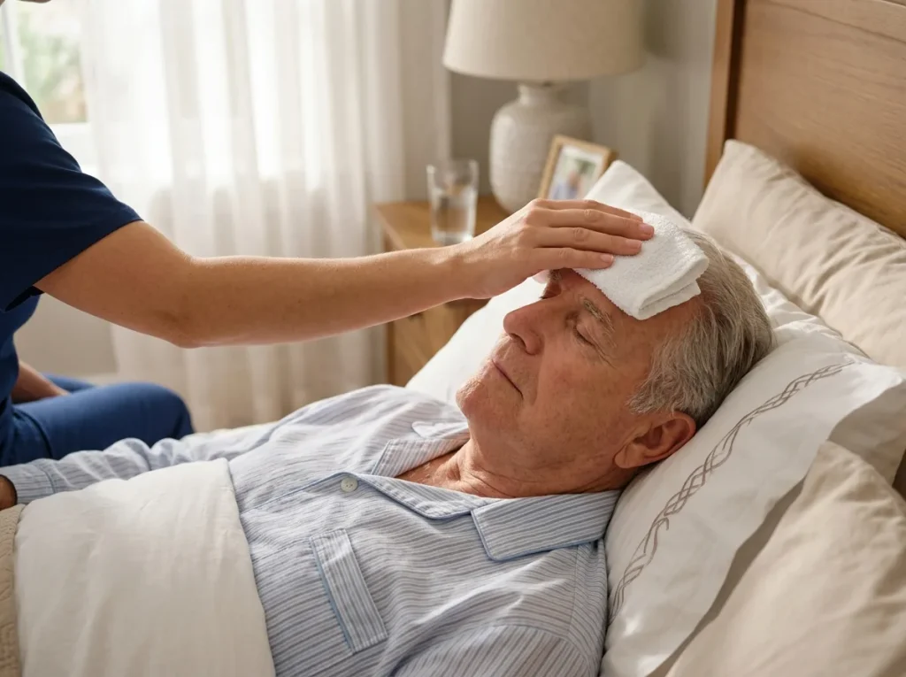 A home health aide placing a cool compress on the forehead of an elderly man lying in bed.